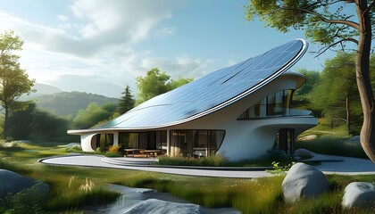 Wall Mural - Sustainable Smart Home Embraced by Tranquil Nature and Elegant Curved Solar Panel Roof