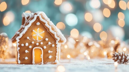 Wall Mural - A charming gingerbread house adorned with icing and shining holiday lights creates a cozy seasonal atmosphere