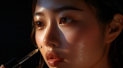 Asian Woman Applying Hyaluronic Acid Serum, Enriched with Vitamin C and Niacinamide for Hydration and Radiant Skin.