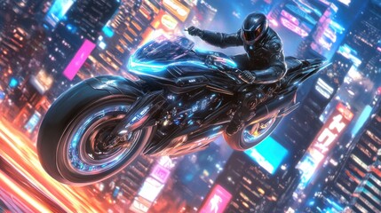 Canvas Print - A futuristic motorcycle rider leaps through a neon-lit cityscape at night.