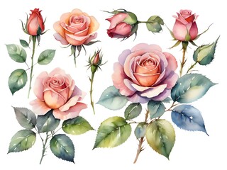 Sticker - watercolor rose and leaves set. high quality illustration