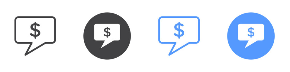 Comment dollar icon flat line symbol set.