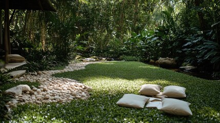 Canvas Print - A serene garden space with soft pillows and natural greenery for relaxation.