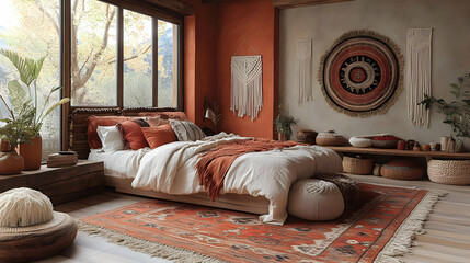 Wall Mural - A bohemian bedroom with a large bed, patterned rug, and a large window overlooking a forest.