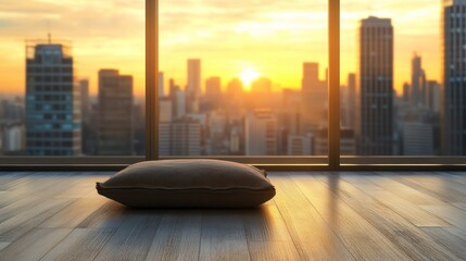 Poster - A cozy cushion in a modern room with a sunset view over a city skyline.