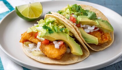 Wall Mural - Two Delicious Fish Tacos with Avocado, Cabbage, and Cilantro