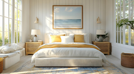 Poster - A bright and airy bedroom with a white bed, yellow pillows, and a large window overlooking a garden.