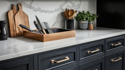 Wall Mural - A modern kitchen countertop featuring utensils and decorative items for cooking.