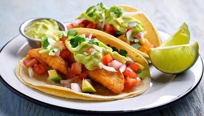 Wall Mural - Delicious Fish Tacos with Guacamole and Pico de Gallo