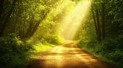 Wall Mural - A serene forest path illuminated by sunlight, inviting tranquility and exploration.