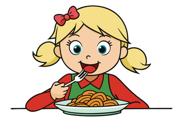 Girl eating spaghetti, vector illustration on white background.