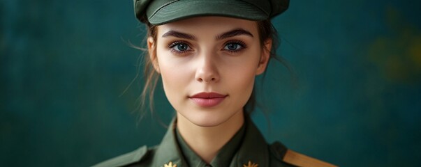 Young woman with blue eyes is posing in a military uniform