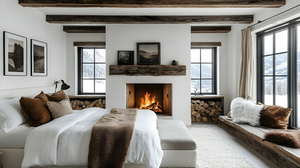 Poster - A cozy bedroom with a fireplace, a large bed with white linens and a wooden bench. The room has large windows with a view of a snowy mountain range.