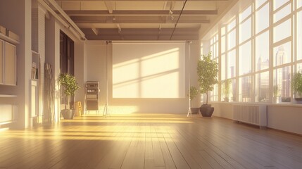 Poster - A spacious, sunlit room with wooden floors and plants, ideal for gatherings or presentations.