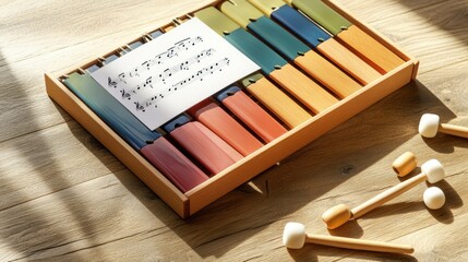 Canvas Print - A wooden box containing colorful xylophone bars and mallets, with a handwritten note.