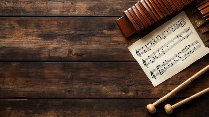 Canvas Print - A wooden surface with sheet music and musical instruments.