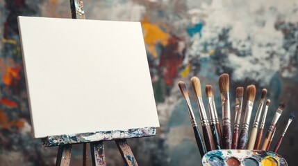 Sticker - A blank canvas on an easel with paintbrushes, ready for artistic creation.