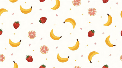 A pattern of fruit including bananas, strawberries, and oranges