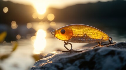 Sticker - A fishing lure rests on a rock by the water, illuminated by the sunset's warm glow.