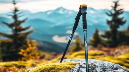 Poster - A pair of trekking poles resting on a rock in a mountainous landscape.