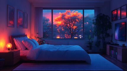 Wall Mural - A cozy bedroom with a large window overlooking a cityscape with a vibrant sunset and a glowing tree.