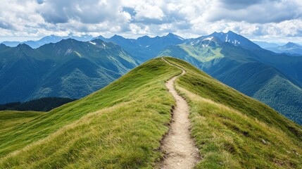 Scenic mountain landscape with a winding path through lush green hills under a cloudy sky.