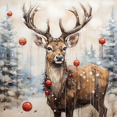 a majestic stag with large antlers stands in a snowy forest, adorned with red ornaments and holly.