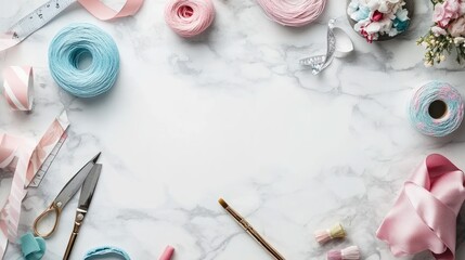 Wall Mural - A flat lay of crafting materials including yarn, ribbons, scissors, and a paintbrush.