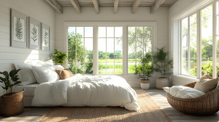 Poster - A cozy bedroom with a white bed, wooden beams, large windows, and a view of a lake and trees.