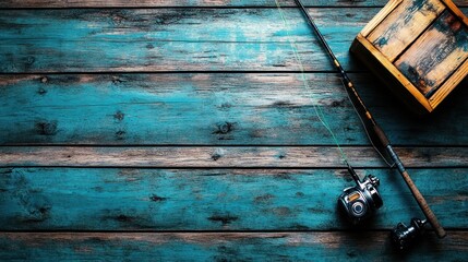 Sticker - A fishing rod and tackle box on a rustic wooden surface, ready for a fishing trip.