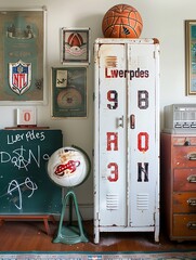 Wall Mural - Vintage locker with worn paint and red numbers against white wall with eclectic decor.