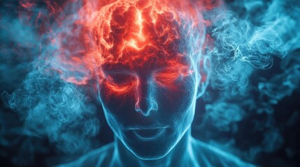 An abstract depiction of a human head with glowing brain, representing ideas, creativity, and intellect amidst colorful smoke.