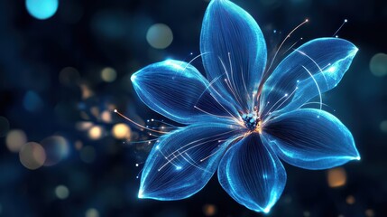 Wall Mural - A blue flower with neon lines radiating from its petals, evoking futuristic technology and the flow of information on a dark background with bokeh lights