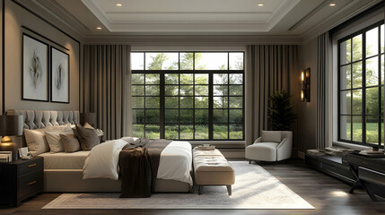 A large, luxurious bedroom with a king-size bed, plush bedding, and a large window overlooking a lush green lawn.