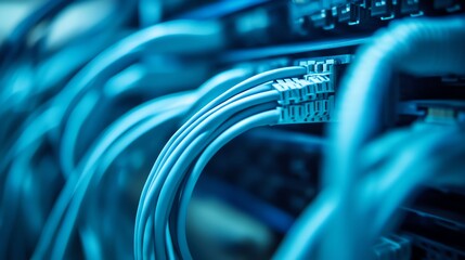 close-up of blue network cables connected to a server rack