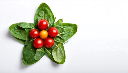 Fresh Tomatoes and Spinach Leaves Arranged in a Star Shape on White Background