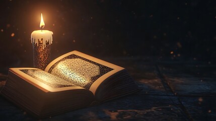 3D realistic Quran with candlelight, background in dark colors