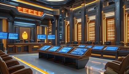 Futuristic courtroom showcasing justice disparity with holographic evidence displays and sleek modern design