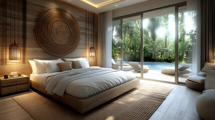 Sticker - A luxurious bedroom with a king-size bed, wooden floors, and a large window overlooking a pool and tropical garden.