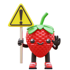 3D Strawberry Character Holding Warning Sign, Suitable for Safety and Caution Illustrations