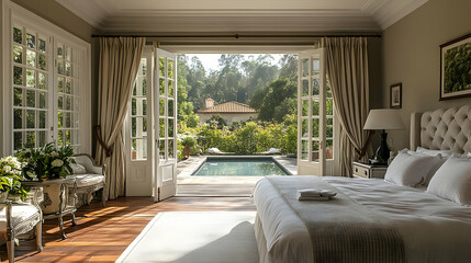 Poster - A luxurious bedroom with a large bed, white linens, and a view of a swimming pool and lush garden through French doors.