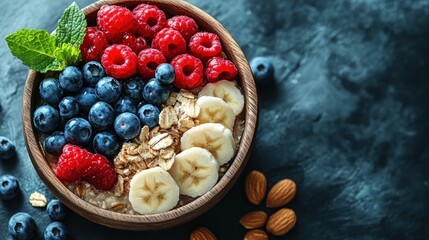 Wall Mural - A nutritious bowl of oatmeal topped with fresh berries and almonds.