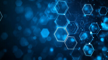 Wall Mural - Abstract illustration of glowing blue hexagons on a dark background, conveying technology themes