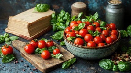 Wall Mural - Fresh tomatoes and basil on a rustic table with recipe books.