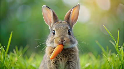 Adorable bunny with a carrot in its mouth, rabbit, food, vegetables, cute, furry, mammal, pet, farm, agriculture, white