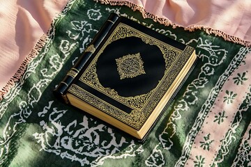 Wall Mural - A close-up photo of a woman's hand holding an ornate black and gold Quran on top of a green prayer rug