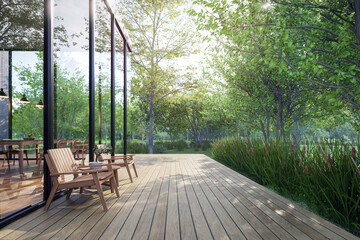 Poster - Modern contemporary wooden terrace surrounded by nature 3d render, There is a large glass window with a reflection of the surrounding nature. Decorated with wooden chairs