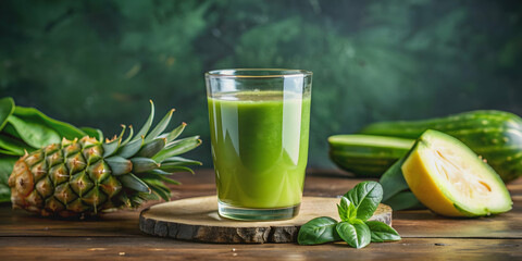 Refreshing glass of cold pressed pineapple juice with cucumber and spinach , healthy, detox, drink, beverage, green