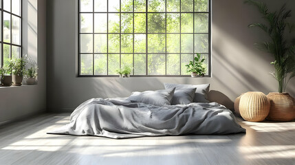 A minimalist bedroom with a large window, a bed with a grey bedspread and two wicker baskets.