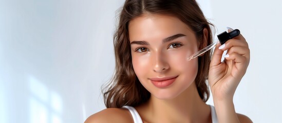 Smiling Latina Woman Applying Hyaluronic Acid Serum, Enriched with Vitamin C and Niacinamide for Hydration and Radiant Skin, Solid White Background, Copy Space.